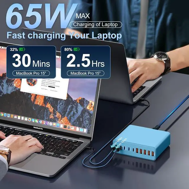 Alt view image 3 of 6 - 420W USB C Charger Block,10-Port Charging Station GaN Fast Charging Type C & USB A Wall Charger Adapter for MacBook Pro/Air,iPhone,iPad, XPS, Galaxy(Blue)