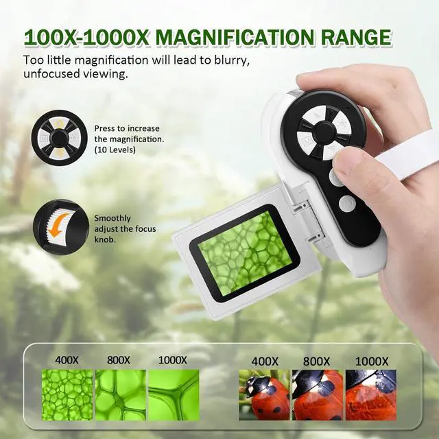 Alt view image 3 of 7 - 1000X Handheld Microscope for Kids, 4K 2.0" Screen Mini Pocket Microscope with 6 Adjustable LED Lights, Edu Science Birthday Gifts for Kids Ages 8-12, 32G SD Card Included