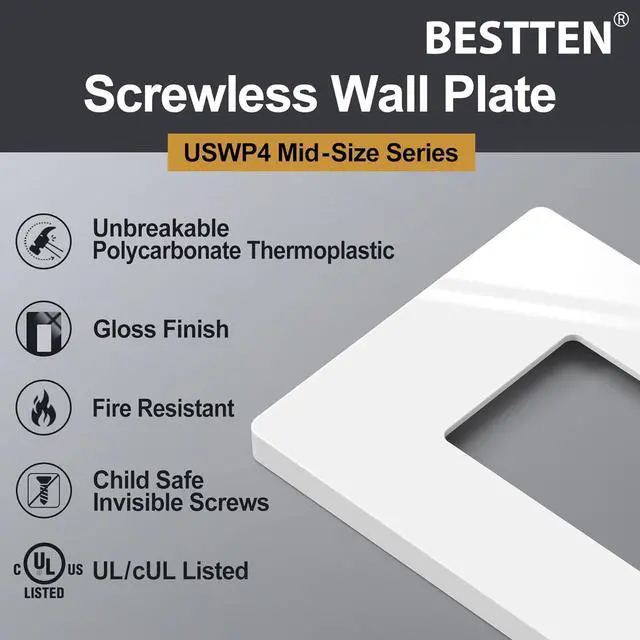 Alt view image 2 of 7 - [40 Pack] 1 Gang Screwless Decorative Outlet Covers, Mid-Size Wall Plate, H4.88" x W3.11", Faceplate Cover for Decorator Receptacle Outlet & Switch, USWP4 Glossy Off White, UL Listed