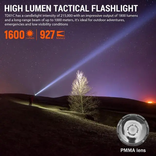 Alt view image 3 of 7 - LED Tactical Flashlight Rechargeable - TD01C Tactical Flashlight High Lumens SFT40 LED Super Bright 1800LM with Buck Regulated Driver IP68 1000M Longest Range USB C