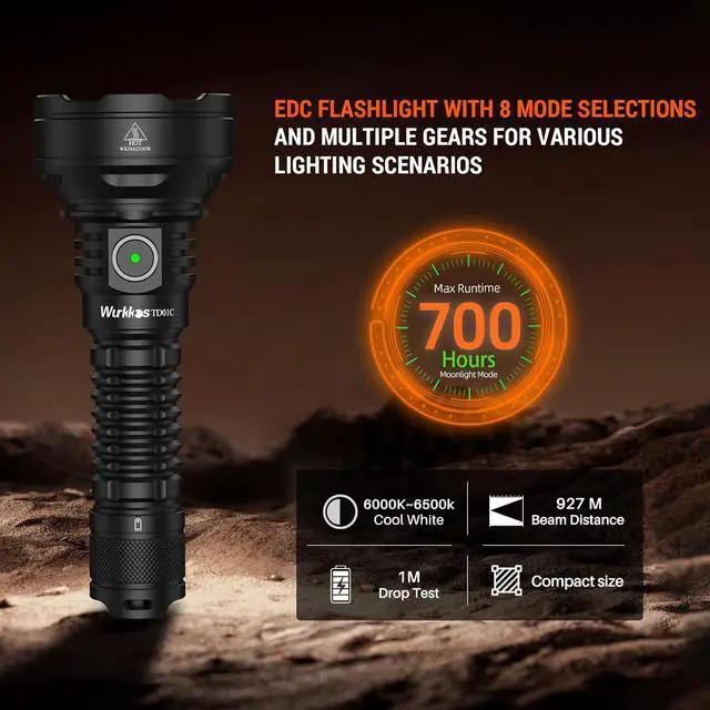 Alt view image 4 of 7 - LED Tactical Flashlight Rechargeable - TD01C Tactical Flashlight High Lumens SFT40 LED Super Bright 1800LM with Buck Regulated Driver IP68 1000M Longest Range USB C