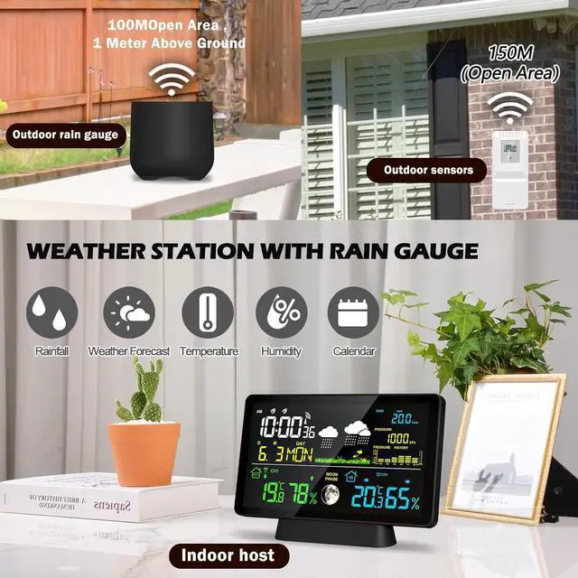 Alt view image 2 of 7 - Weather Station Wireless Indoor Outdoor with Rain Gauge, Home Weather Station with Thermometer, Atomic Clock, Humidity Monitor, Weather Forecast and Barometer, Digital Rain Gauges Outdoors Best Rated