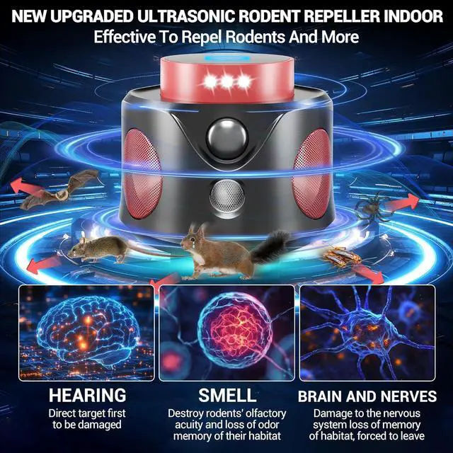 Alt view image 5 of 7 - Mouse Repellent Ultrasonic Plug in, Mice Repellent Indoor Ultrasonic Pest Repeller 2025 Upgraded, 360° Ultrasonic Rodent Repellent with PIR Sensor & LED Strobe Light for Indoor