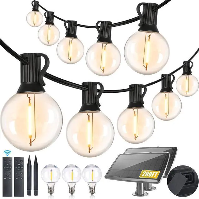 Main image of 200FT Solar String Lights Outdoor Waterproof with Remote,G40 Solar Powered String Lights with 60+3 LED Shatterproof Bulbs, Dimmable Solar Patio Hanging Lights for Outside Backyard Party