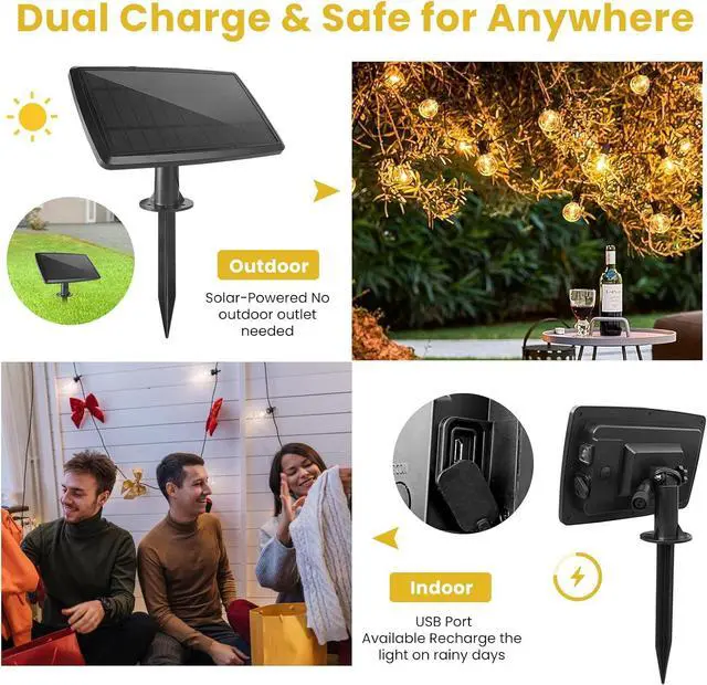 Alt view image 5 of 7 - 200FT Solar String Lights Outdoor Waterproof with Remote,G40 Solar Powered String Lights with 60+3 LED Shatterproof Bulbs, Dimmable Solar Patio Hanging Lights for Outside Backyard Party