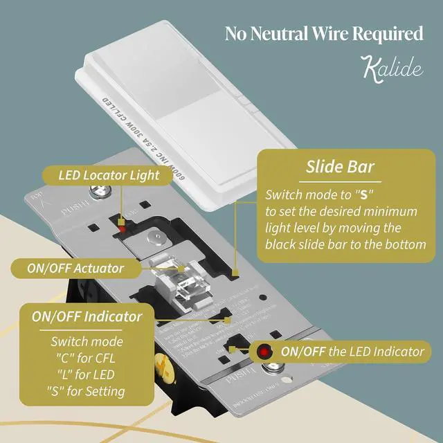 Alt view image 6 of 7 - Dimmer Light Switch, LED Slide Dimmer Switch,for 300W Dimmable LED/CFL Lights and 600W INC/HAL Bulbs, Single Pole/3-Way, Wall Plate Included, UL Listed, White, 5 Pack