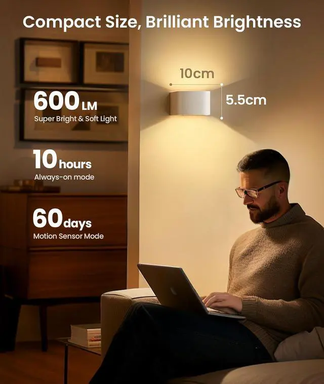 Alt view image 2 of 7 - 4 Pack Motion Sensor Wall Lamp with Remote Control 3 Colors Wireless Wall Light LED Indoor Up and Down Wall Sconce 5000mAh Rechargeable Battery Powered Wall Lamps Brightness Adjustable,White