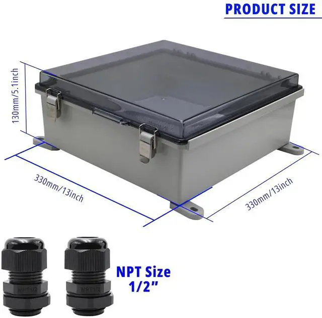 Alt view image 2 of 6 - Outside Electrical Box Plastic Enclosure IP67 Waterproof Junction Box Clear Cover Plate with Stainless Steel Buckles 13×13×5.1 inch(330×330×130mm)