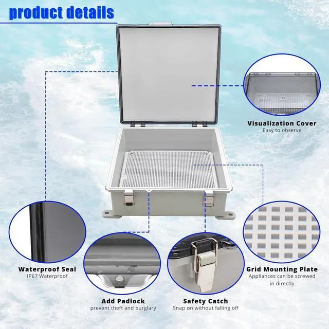 Alt view image 4 of 6 - Outside Electrical Box Plastic Enclosure IP67 Waterproof Junction Box Clear Cover Plate with Stainless Steel Buckles 13×13×5.1 inch(330×330×130mm)