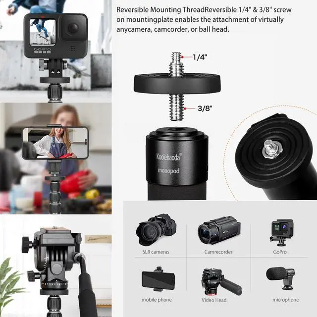 Alt view image 4 of 7 - Camera Aluminum Monopod with Metal Tripod Base.6 Sections 18-69inch Adjustable, Leg Diameter 28mm,up to 13lbs - Black