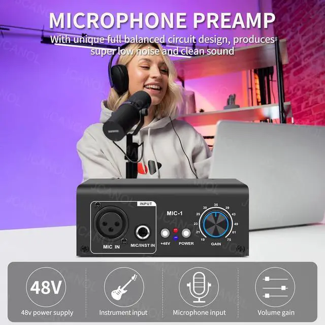 Alt view image 2 of 7 - MIC-1 Microphone Preamp Mic Gain Booster with 2 Input Max 75db Gain 48V Phantom Power Ultra-Clean Gain for Dynamic and Condenser Mic