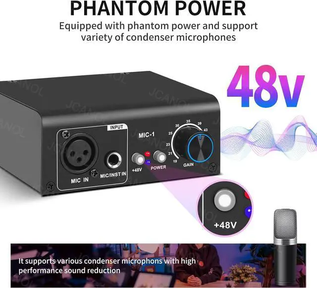 Alt view image 5 of 7 - MIC-1 Microphone Preamp Mic Gain Booster with 2 Input Max 75db Gain 48V Phantom Power Ultra-Clean Gain for Dynamic and Condenser Mic