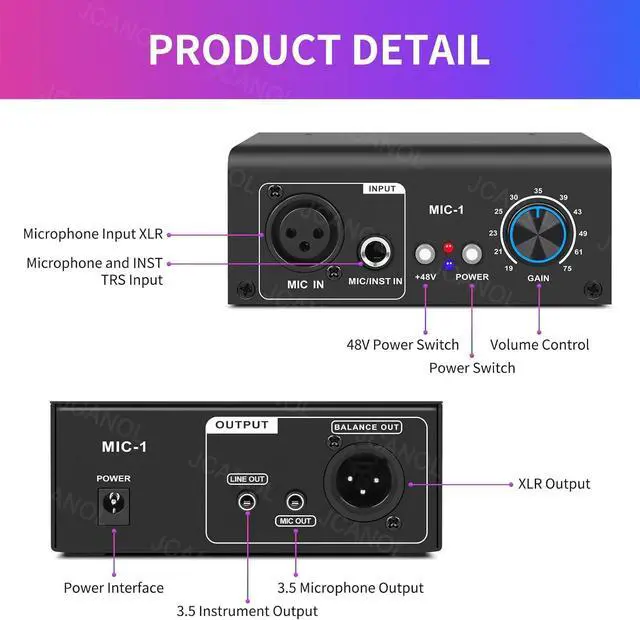 Alt view image 6 of 7 - MIC-1 Microphone Preamp Mic Gain Booster with 2 Input Max 75db Gain 48V Phantom Power Ultra-Clean Gain for Dynamic and Condenser Mic