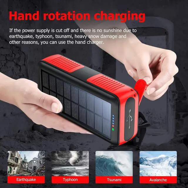 Alt view image 3 of 7 - Solar Charger Power Bank 63200mAh, Portable Charger with Dual Outputs & Dual Inputs 4 LEDs Flashlight, Hand Crank Power Bank Fast Charging Battery Pack for Outdoor Camping Survival Gear