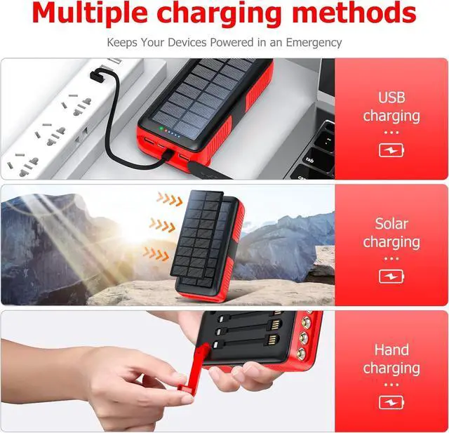 Alt view image 5 of 7 - Solar Charger Power Bank 63200mAh, Portable Charger with Dual Outputs & Dual Inputs 4 LEDs Flashlight, Hand Crank Power Bank Fast Charging Battery Pack for Outdoor Camping Survival Gear