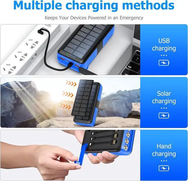 Alt view image 4 of 7 - Solar Charger Power Bank 63200mAh, Portable Charger with Dual Outputs & Dual Inputs 4 LEDs Flashlight, Hand Crank Power Bank Fast Charging Battery Pack for Outdoor Camping Survival Gear