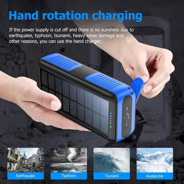 Alt view image 5 of 7 - Solar Charger Power Bank 63200mAh, Portable Charger with Dual Outputs & Dual Inputs 4 LEDs Flashlight, Hand Crank Power Bank Fast Charging Battery Pack for Outdoor Camping Survival Gear