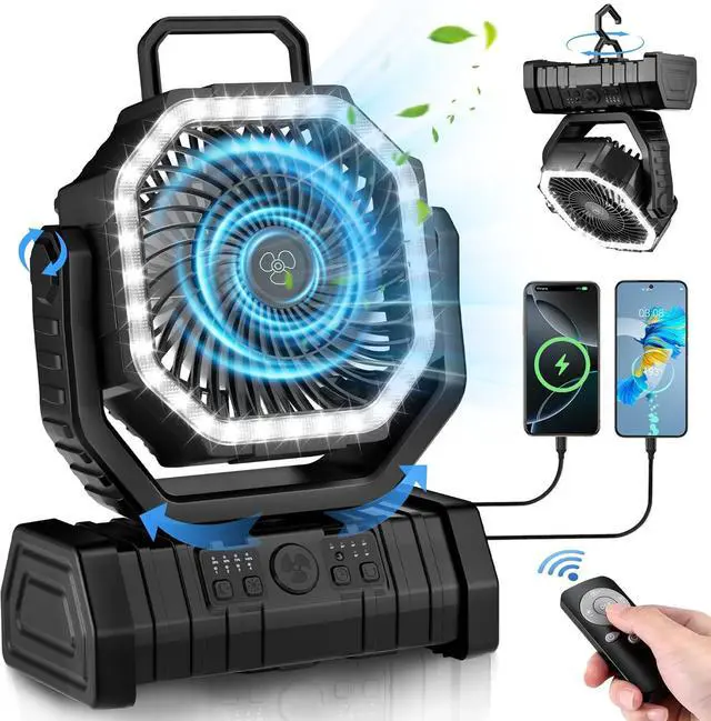 Alt view image 2 of 7 - Portable Fan Rechargeable, 20000mAh Cordless Battery Powered Camping Fan with LED Light & Remote, 4 Speeds Wind, Timer, USB C, 360° Hanging Hook, Oscillating Fans for Travel Tent, Camping Essentials