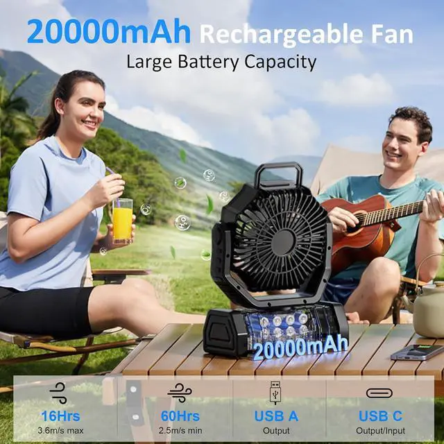 Alt view image 3 of 7 - Portable Fan Rechargeable, 20000mAh Cordless Battery Powered Camping Fan with LED Light & Remote, 4 Speeds Wind, Timer, USB C, 360° Hanging Hook, Oscillating Fans for Travel Tent, Camping Essentials