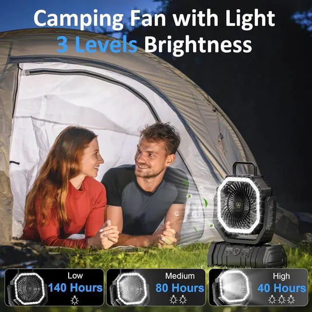 Alt view image 4 of 7 - Portable Fan Rechargeable, 20000mAh Cordless Battery Powered Camping Fan with LED Light & Remote, 4 Speeds Wind, Timer, USB C, 360° Hanging Hook, Oscillating Fans for Travel Tent, Camping Essentials