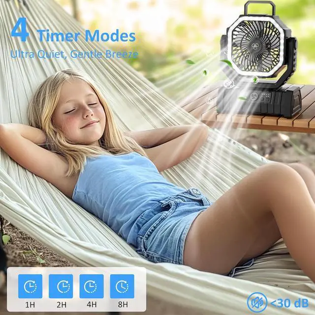 Alt view image 5 of 7 - Portable Fan Rechargeable, 20000mAh Cordless Battery Powered Camping Fan with LED Light & Remote, 4 Speeds Wind, Timer, USB C, 360° Hanging Hook, Oscillating Fans for Travel Tent, Camping Essentials