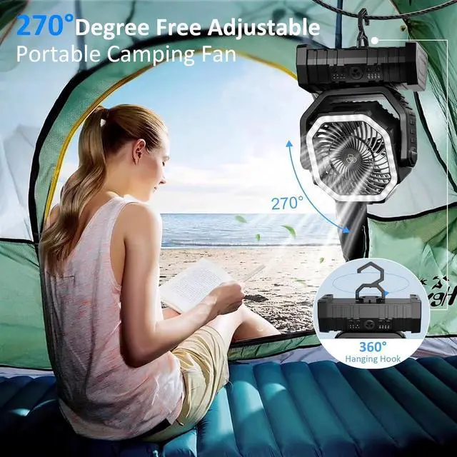 Alt view image 6 of 7 - Portable Fan Rechargeable, 20000mAh Cordless Battery Powered Camping Fan with LED Light & Remote, 4 Speeds Wind, Timer, USB C, 360° Hanging Hook, Oscillating Fans for Travel Tent, Camping Essentials