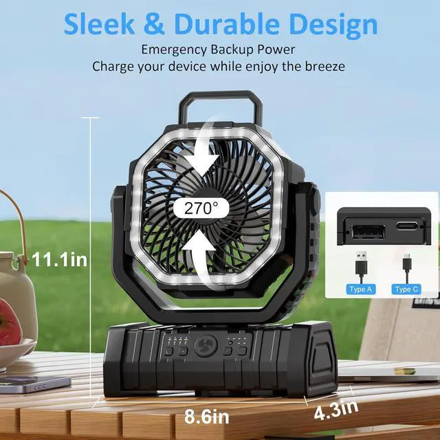 Alt view image 7 of 7 - Portable Fan Rechargeable, 20000mAh Cordless Battery Powered Camping Fan with LED Light & Remote, 4 Speeds Wind, Timer, USB C, 360° Hanging Hook, Oscillating Fans for Travel Tent, Camping Essentials