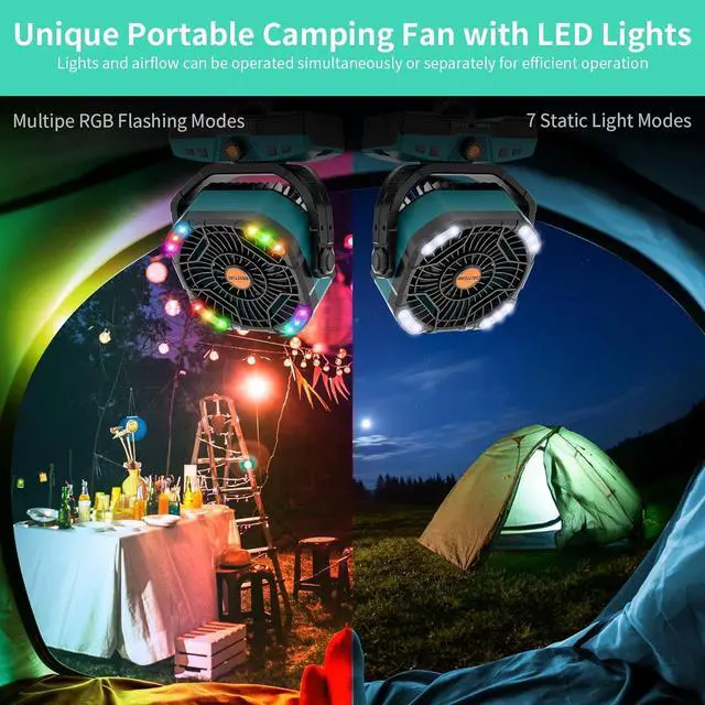 Alt view image 5 of 7 - Camping Fan Portable 20000mAh Oscillating Battery Powered Fan Rechargeable Camping essentials Tent Light Hook 270° Pivot Battery Operated USB Desk X68 Cyan
