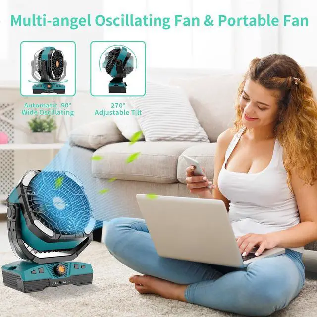 Alt view image 4 of 7 - Camping Fan Portable 20000mAh Oscillating Battery Powered Fan Rechargeable Camping essentials Tent Light Hook 270° Pivot Battery Operated USB Desk X68 Cyan