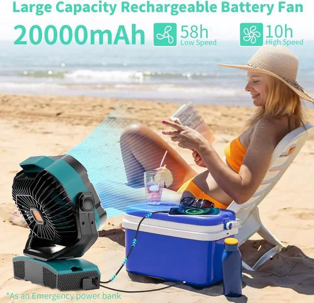 Alt view image 3 of 7 - Camping Fan Portable 20000mAh Oscillating Battery Powered Fan Rechargeable Camping essentials Tent Light Hook 270° Pivot Battery Operated USB Desk X68 Cyan