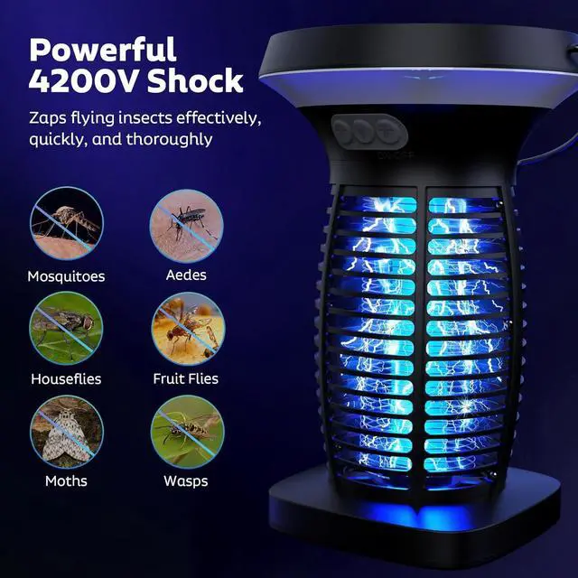 Alt view image 2 of 7 - Solar Bug Zapper Outdoor, Mosquito Zapper Outdoor Waterproof Electric Fly Zapper Rechargeable Mosquito Killer with Solar Panel, 4200V Fly Trap Indoor for Home Backyard, Patio, Garden, Camping