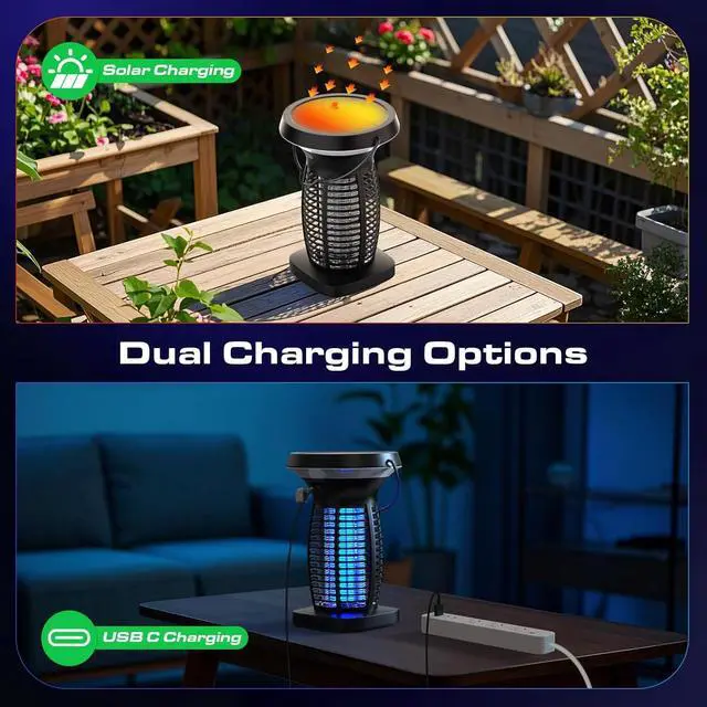 Alt view image 3 of 7 - Solar Bug Zapper Outdoor, Mosquito Zapper Outdoor Waterproof Electric Fly Zapper Rechargeable Mosquito Killer with Solar Panel, 4200V Fly Trap Indoor for Home Backyard, Patio, Garden, Camping