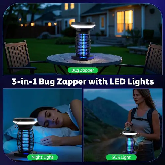 Alt view image 4 of 7 - Solar Bug Zapper Outdoor, Mosquito Zapper Outdoor Waterproof Electric Fly Zapper Rechargeable Mosquito Killer with Solar Panel, 4200V Fly Trap Indoor for Home Backyard, Patio, Garden, Camping