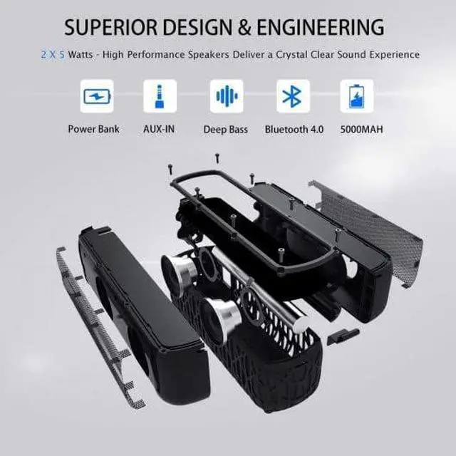 Alt view image 6 of 6 - Solar Bluetooth Speaker, Portable Outdoor With 5000mAh Power Bank, 60 Hours Play Time Dual With Mic, Stereo Sound With Bass Home Wireless - Black