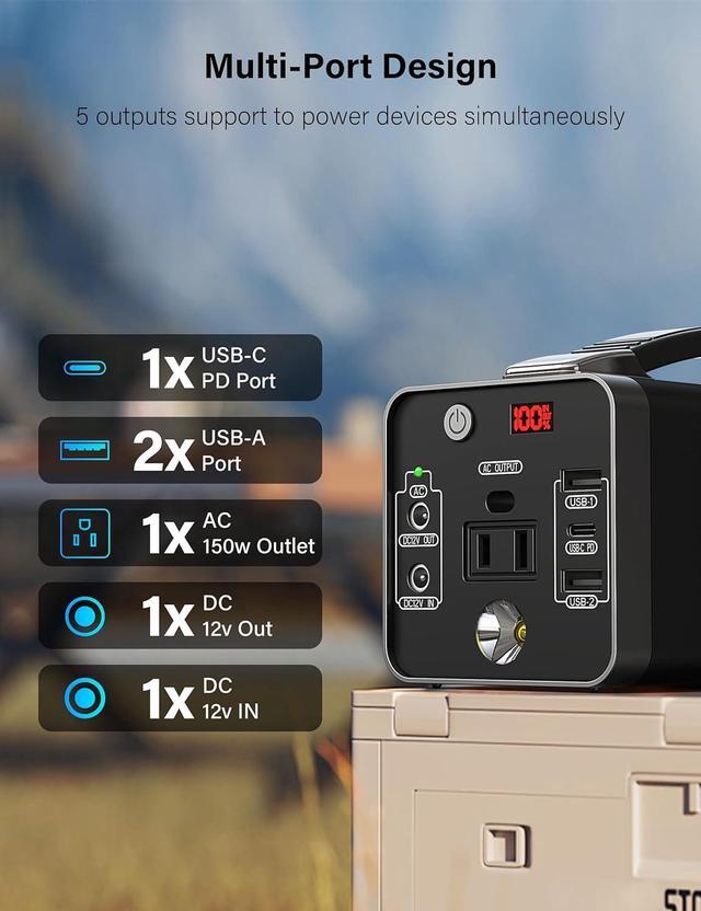 Alt view image 3 of 7 - Portable Power Station 150W/133.2 Wh Fast Charging, Rechargeable Generator with 5 Outputs, AC Outlets Power Bank with LED Light for Laptop, Phone, Outdoor Camping Home Emergency Outage - Black