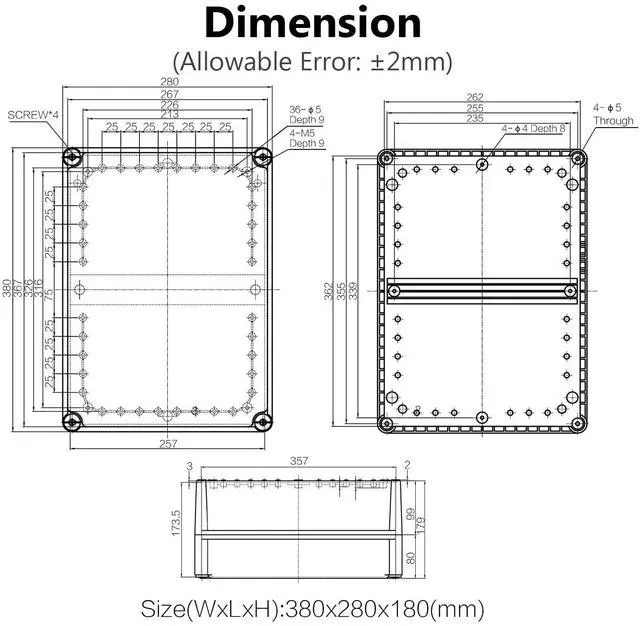 Alt view image 6 of 7 - Junction Box IP67 Waterproof Dustproof ABS Plastic Project Box for Electrical Outdoor Enclosure Gray 15 x 11 x 7.1 inch (380 x 280 x 180 mm)