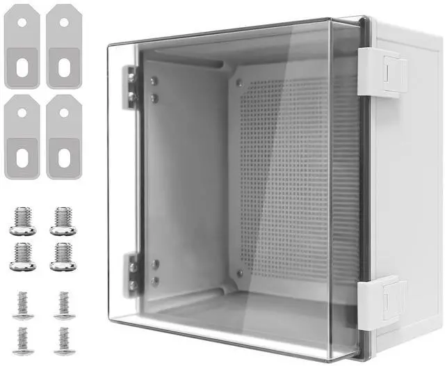 Main image of Junction Box, IP65 Waterproof Dustproof ABS Plastic Enclosure, Outdoor and Indoor Project Box Hinged Clear Cover with Mounting Plate Wall Brackets, Outer Dimension 11.8"x 11.8" x 7.1", Grey