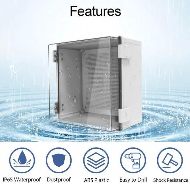 Alt view image 3 of 7 - Junction Box, IP65 Waterproof Dustproof ABS Plastic Enclosure, Outdoor and Indoor Project Box Hinged Clear Cover with Mounting Plate Wall Brackets, Outer Dimension 11.8"x 11.8" x 7.1", Grey