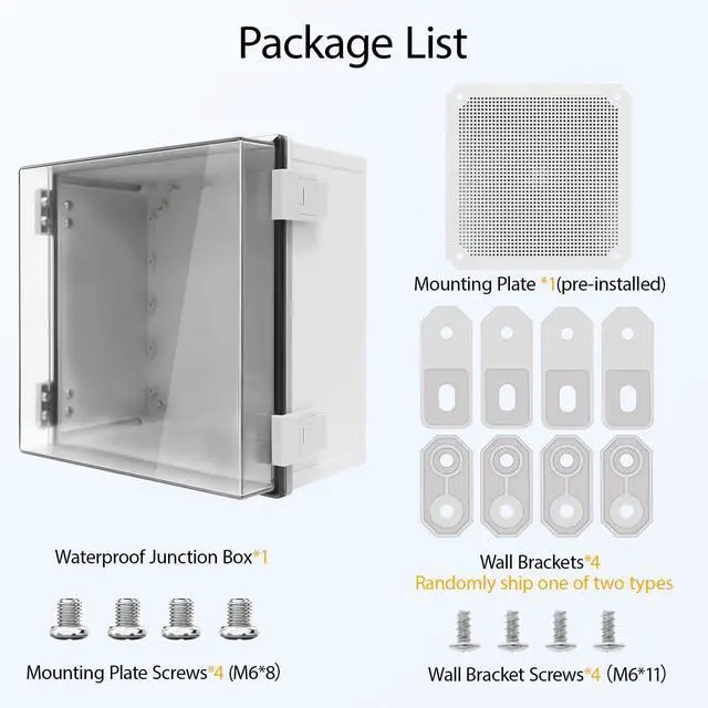 Alt view image 7 of 7 - Junction Box, IP65 Waterproof Dustproof ABS Plastic Enclosure, Outdoor and Indoor Project Box Hinged Clear Cover with Mounting Plate Wall Brackets, Outer Dimension 11.8"x 11.8" x 7.1", Grey