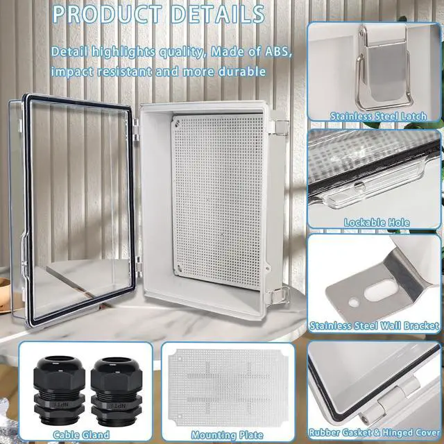 Alt view image 4 of 7 - Junction Box,IP67 Waterproof Electrical Box Hinged Clear Cover Stainless Steel Buckle Plastic Enclosure for Project w Mounting Plate Wall Bracket and 2 Cable Gland 15"x11"x5.1"/380x280x130mm