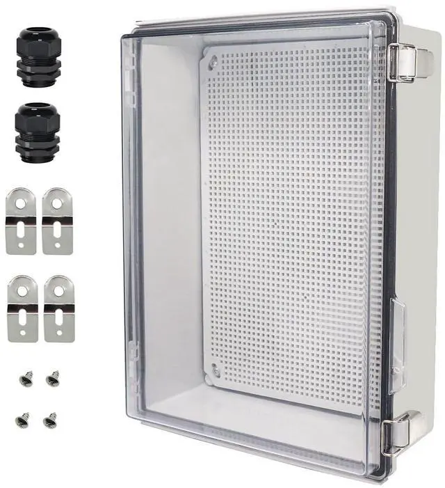 Main image of Junction Box,IP67 Waterproof Electrical Box Hinged Clear Cover Stainless Steel Buckle Plastic Enclosure for Project w Mounting Plate Wall Bracket and 2 Cable Gland 15"x11"x5.1"/380x280x130mm
