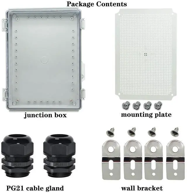 Alt view image 6 of 7 - Junction Box,IP67 Waterproof Electrical Box Hinged Clear Cover Stainless Steel Buckle Plastic Enclosure for Project w Mounting Plate Wall Bracket and 2 Cable Gland 15"x11"x5.1"/380x280x130mm