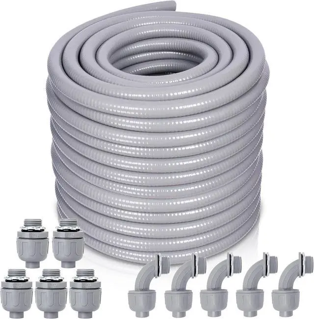 Main image of Liquid-Tight Conduit and Connector Kit - 3/4 Inch 100 FT Non Metallic Liquid Tight Electrical Conduit with 5 Straight and 5 Angle Fittings