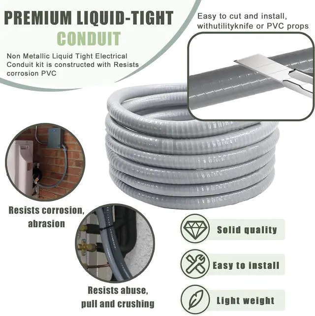 Alt view image 3 of 7 - Liquid-Tight Conduit and Connector Kit - 3/4 Inch 100 FT Non Metallic Liquid Tight Electrical Conduit with 5 Straight and 5 Angle Fittings