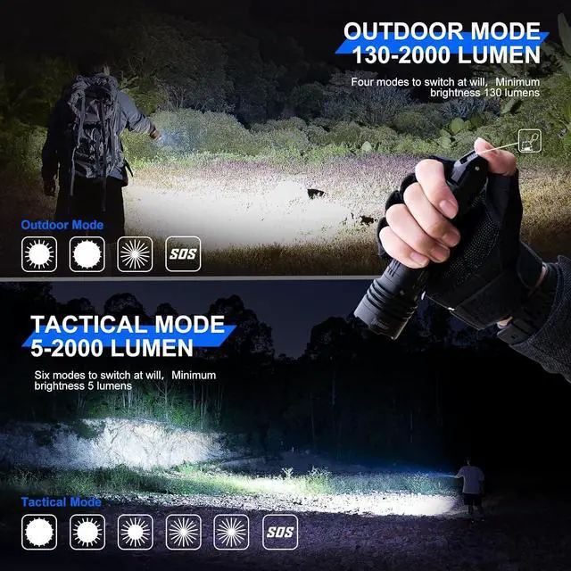 Alt view image 2 of 7 - T1 Tactical Flashlights 2000 High Lumens, Rechargeable Flashlight 498 Meters Long Beam Distance, Handheld Flash Light with Tactical Tail Button for Tactical Gear, Suvival, Emergencies, Outdoor
