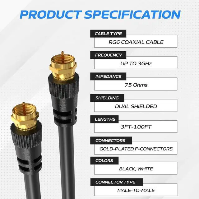 Alt view image 2 of 6 - Online Pack of 10 x Coaxial Cables 25FT Black Coax RG6 Male F Type Extension Wire Digital Audio Video for Indoor and Outdoor Satellite Dish Cable TV Antenna