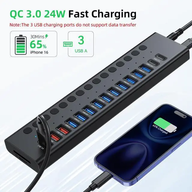 Alt view image 4 of 7 - Powered USB Hub, VANGREE 17-Port 90W USB 3.0 Hub (10 USB 3.0 Ports+3 QC24W Fast Charging Ports+2 USB-C 3.0 Ports+SD/TF Card Reader), Individual On/Off Switches, 12V/7.5A Power Adapter for Laptop, PC