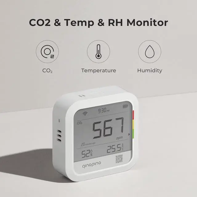 Alt view image 2 of 7 - CO2 Monitor Thermometer Hygrometer, Remote Monitoring via Qingping IoT, Temperature and Humidity Monitor for Different Scenarios, Fast Alert Notification, Rechargeable Battrey