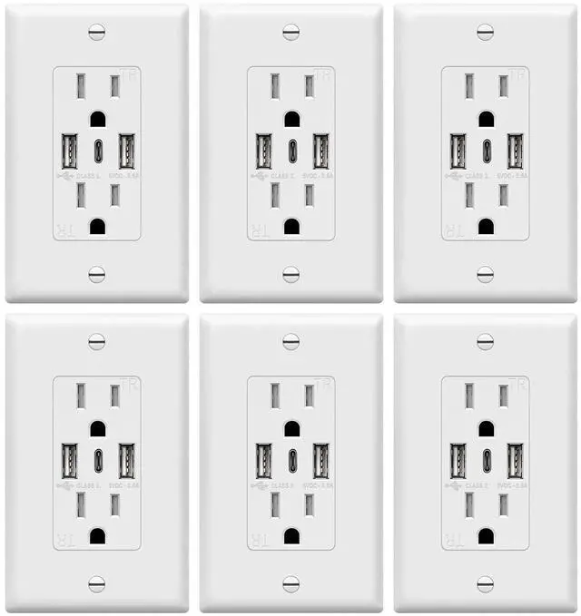 Main image of USB Outlet, 3-Port Type C 3.6A 18W USB Wall Outlet, 15 Amp Tamper-Resistant Receptacle Plug, Charging Power Outlet with USB Ports, UL Listed, TU21536AC3-6PCS, White, 6 Pack