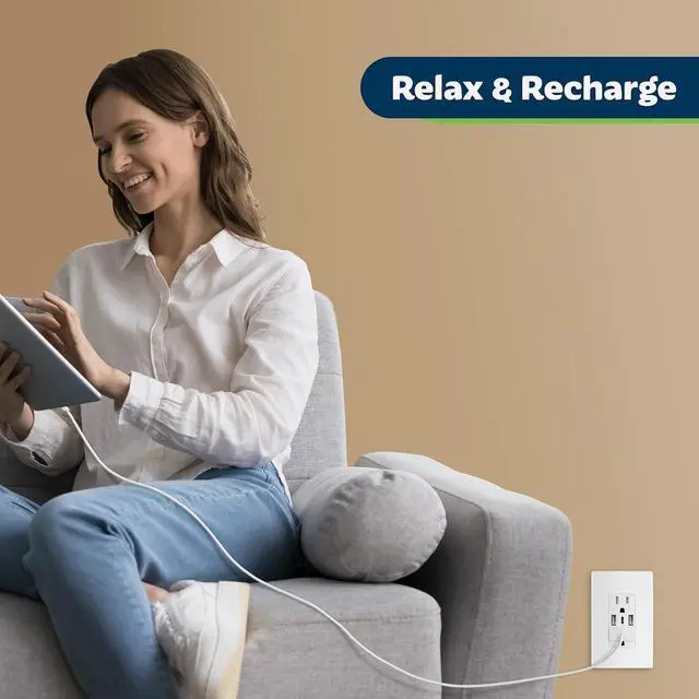 Alt view image 6 of 7 - USB Outlet, 3-Port Type C 3.6A 18W USB Wall Outlet, 15 Amp Tamper-Resistant Receptacle Plug, Charging Power Outlet with USB Ports, UL Listed, TU21536AC3-6PCS, White, 6 Pack